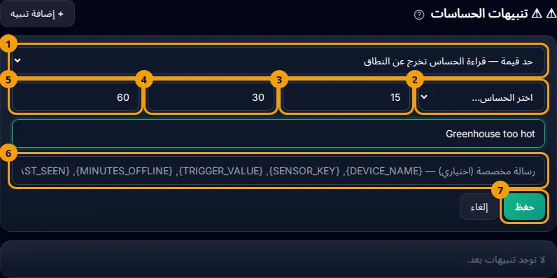 نموذج التنبيه: نوع التنبيه (1)، الحساس (2)، أدنى قيمة (3)، أقصى قيمة (4)، مهلة التهدئة (5)، الرسالة (6)، وزر «حفظ» (7).