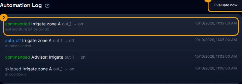 The Automation Log: the Evaluate now button (1) and the latest event in the log (2).