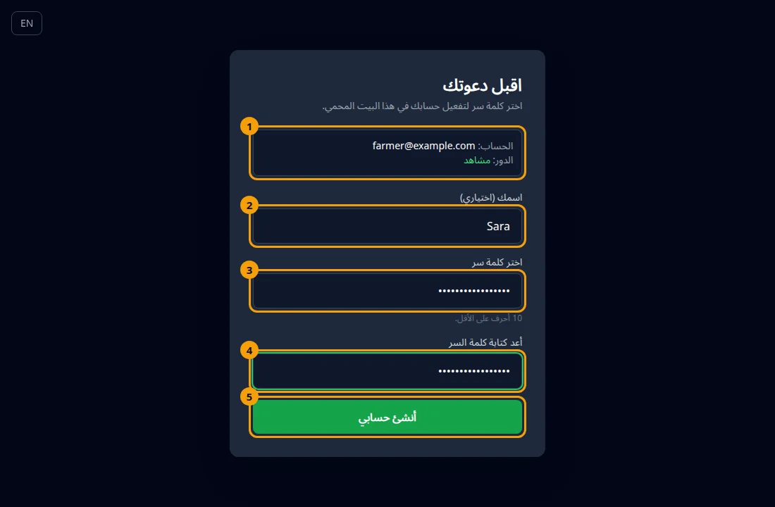 صفحة قبول الدعوة: الحساب والدور (1)، الاسم (2)، كلمة السر (3)، إعادة كتابتها (4)، وزر أنشئ حسابي (5).