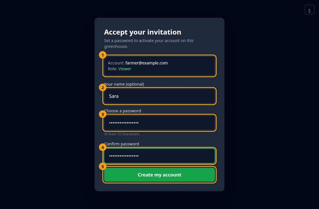 The invitation page: your account and role (1), your name (2), the password (3), the confirmation (4) and the Create my account button (5).