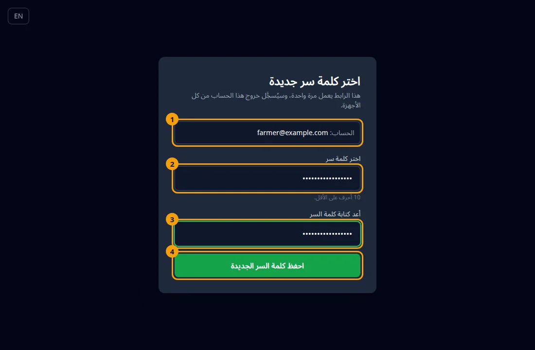 صفحة التعيين: الحساب (1)، كلمة السر الجديدة (2)، إعادة كتابتها (3)، وزر احفظ كلمة السر الجديدة (4).