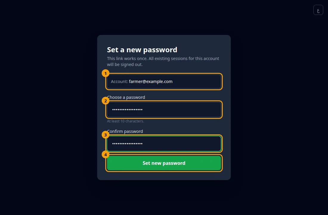 The reset page: your account (1), the new password (2), the confirmation (3) and the Set new password button (4).