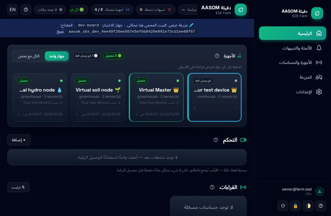 الصفحة الرئيسية للمزرعة بعد الدخول: القراءات وأزرار التحكم.