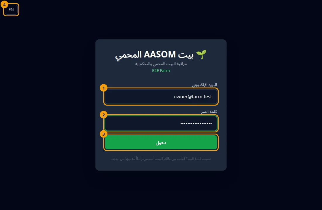 صفحة تسجيل الدخول: حقل البريد الإلكتروني (1)، حقل كلمة السر (2)، زر الدخول (3)، وزر تبديل اللغة في الزاوية (4).
