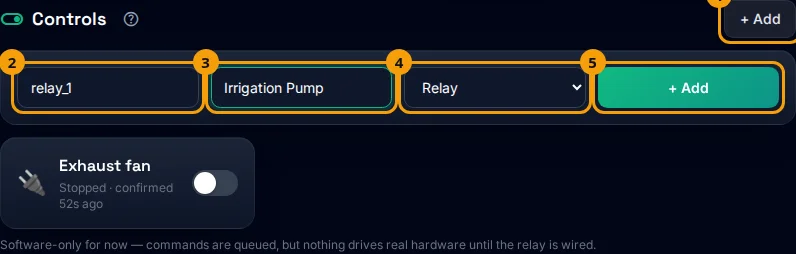 Adding an output: the + Add button (1), the key (2), the name (3), the type (4) and the Add button (5).