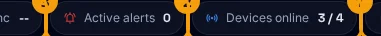 The top bar: the overall status (1), devices online (2), active alerts (3) and last sync (4).